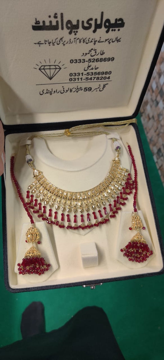 Luxury Red & Gold Bridal Necklace Set with Earrings